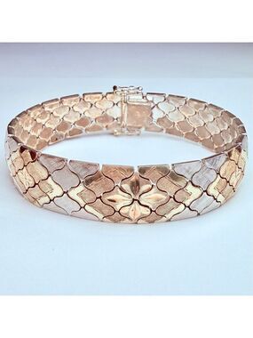 Snake Skin Diamond Cut Gold Vermeil Sterling Silver Quatrefoil Bracelet Italy